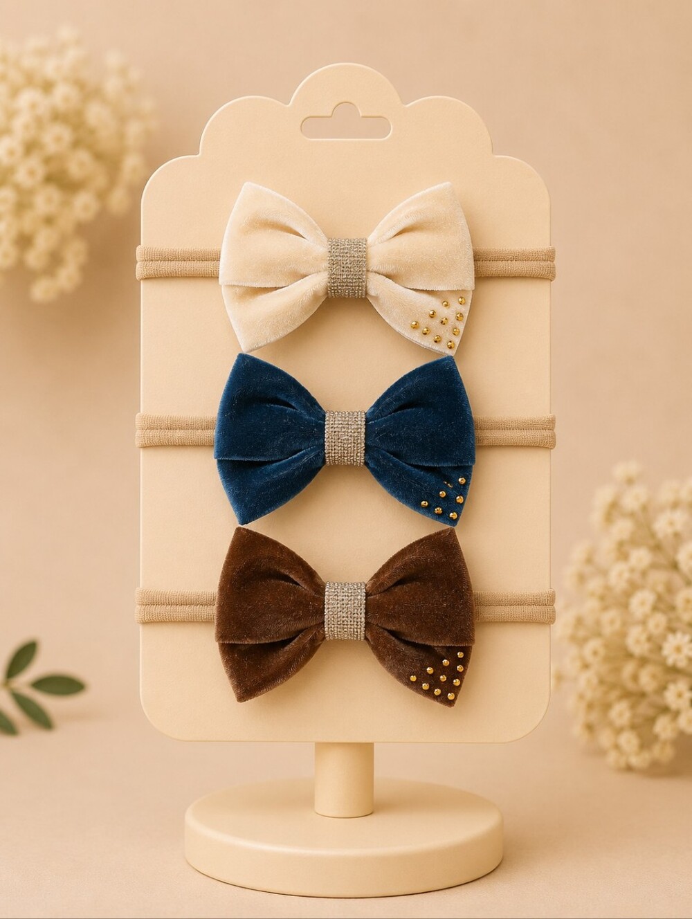 Handmade Velvet Bow Set -  Hair Bows With Rhinestone Details/ Set Of 3🎀✨